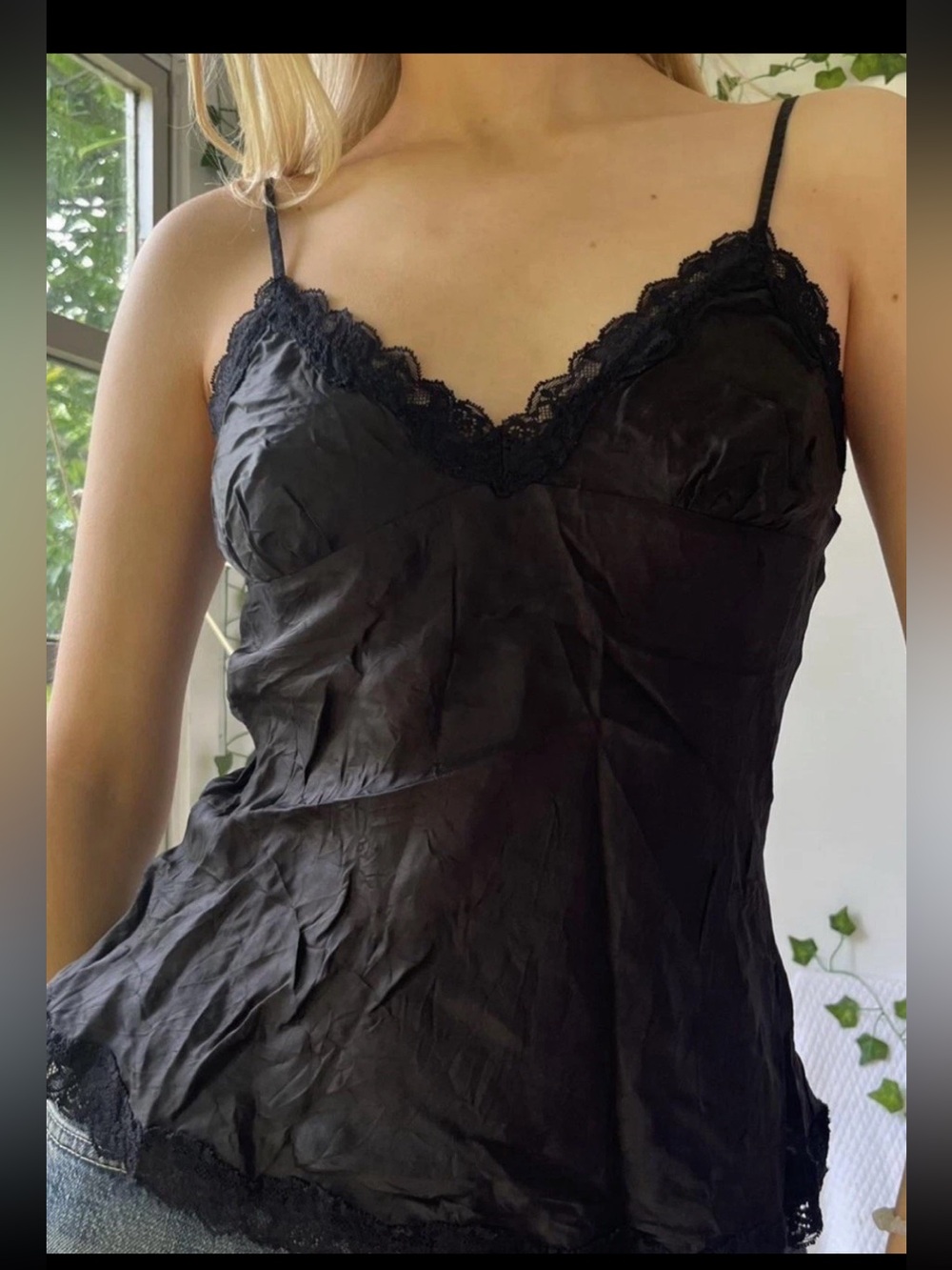 Fylo Y2K VTG Silk Lace Trim Babydoll Cami Coquette Dark Fairy Whimsical M Black